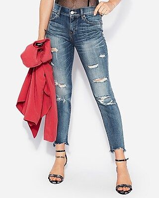 mid rise medium wash ripped skinny ankle jeans | Express