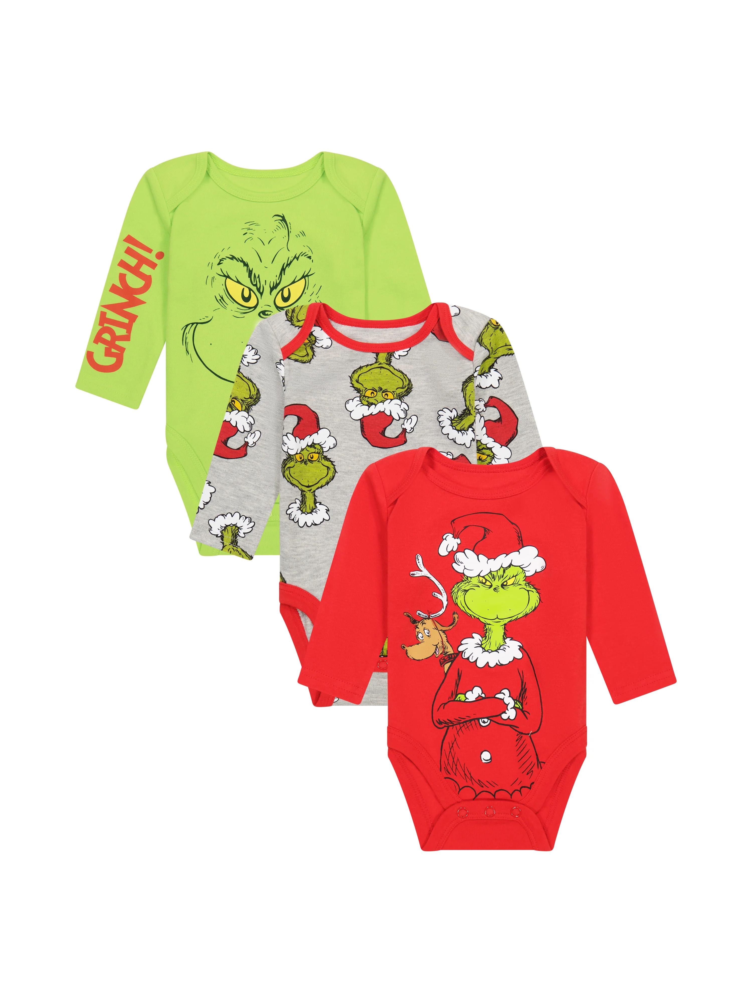 The Grinch Christmas Baby Long Sleeve 3-Pack Bodysuits, Sizes NB-12M | Walmart (US)