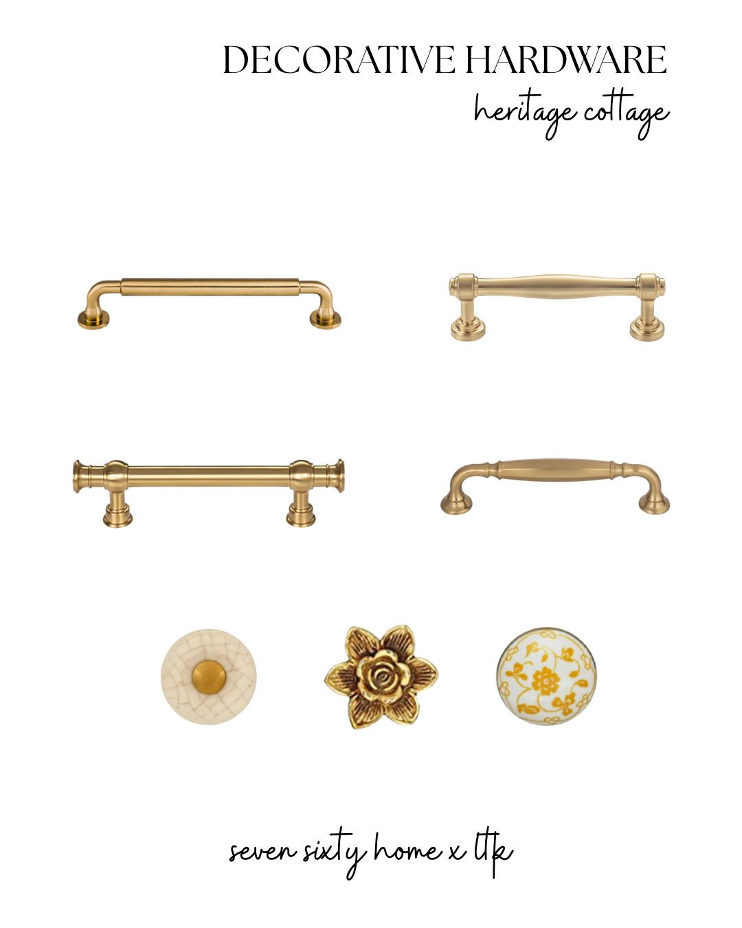Decorative hardware in a heritage cottage style, focused on warm brass tones, classic silhouettes, and vintage-inspired details. These cabinet pulls and knobs bring an old-world feel to kitchens, bathrooms, dressers, and built-ins, pairing beautifully with painted cabinetry, natural wood finishes, and traditional millwork. A mix of aged brass handles, traditional bar pulls, ceramic knobs, and floral accents adds character and patina without feeling overly ornate. Ideal for cottage kitchens, English-inspired homes, and timeless interiors that lean collected, layered, and quietly traditional. 

 #LTKHome