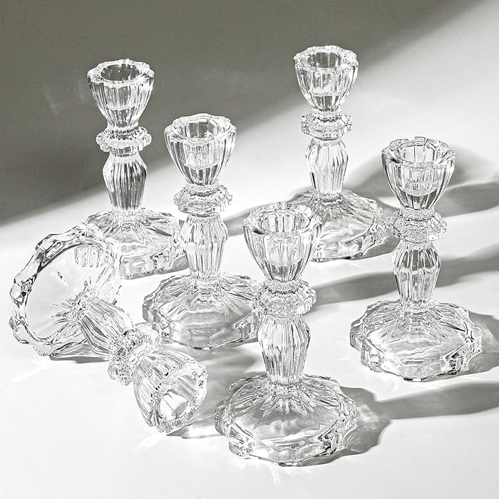 4.33" Tall Glass Candlestick Set of 6 Clear Crystal Candle Holders for Glass Taper Holder Decor f... | Amazon (US)