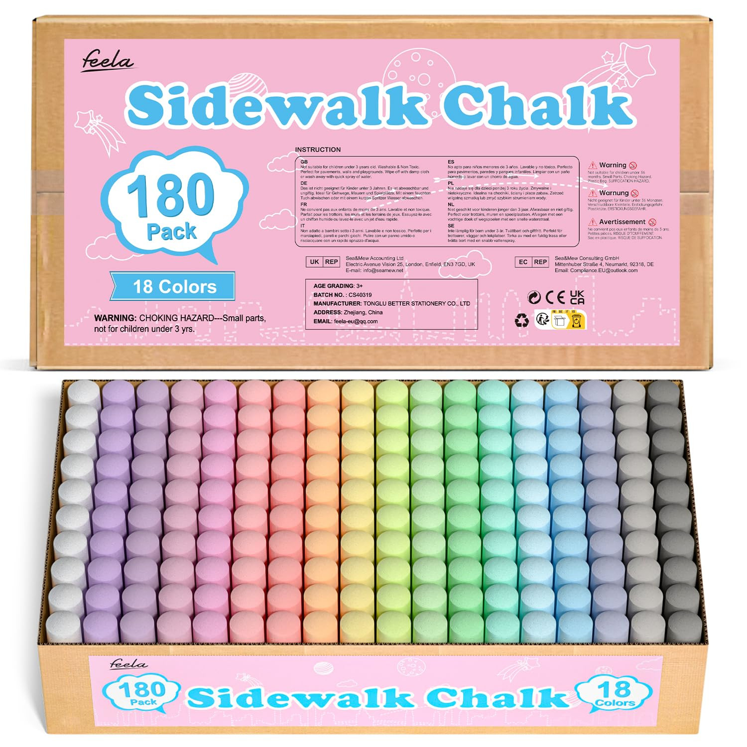 feela 180 Pack Sidewalk Chalk, Sidewalk Chalk Set For Kids Jumbo Chalk Bulk, Great for Kids Famil... | Amazon (US)
