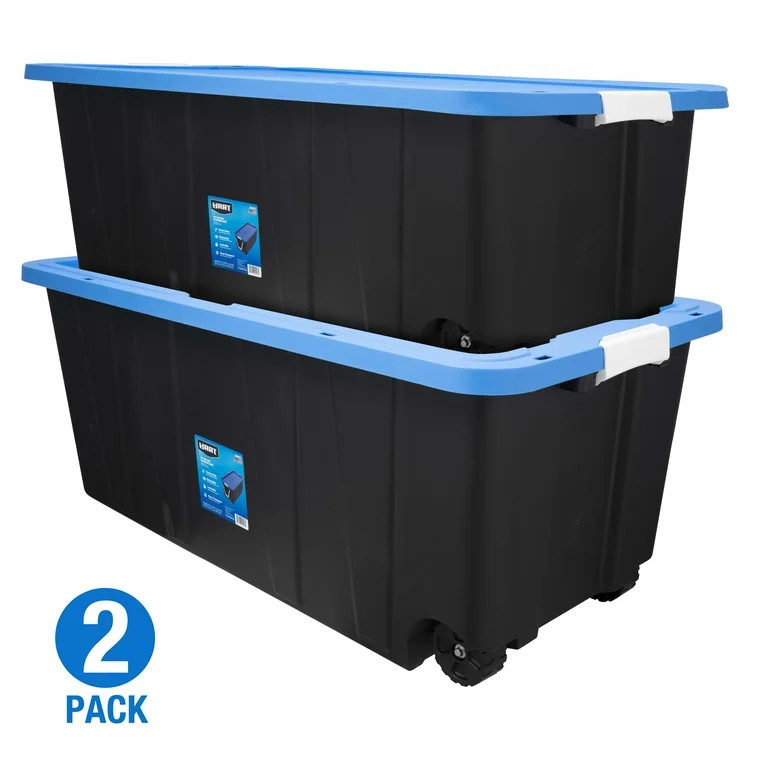 HART 50 Gallon Rolling Plastic Storage Bin Container with Pull Handle, Black with Blue Lid, Set o... | Walmart (US)