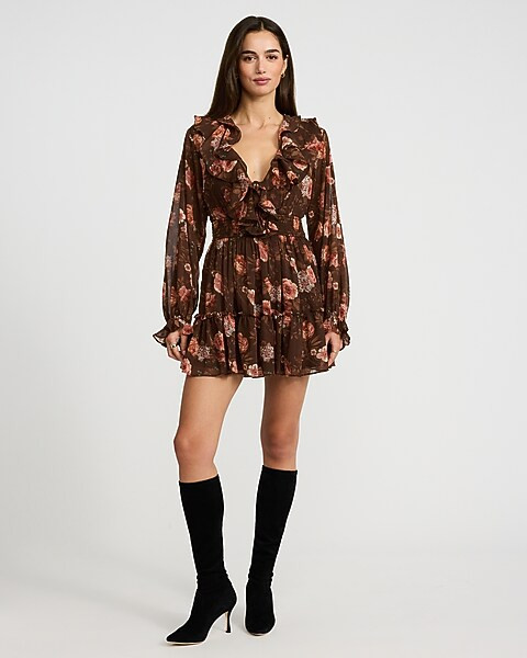 Floral V-Neck Long Sleeve Ruffled Mini Dress | Express