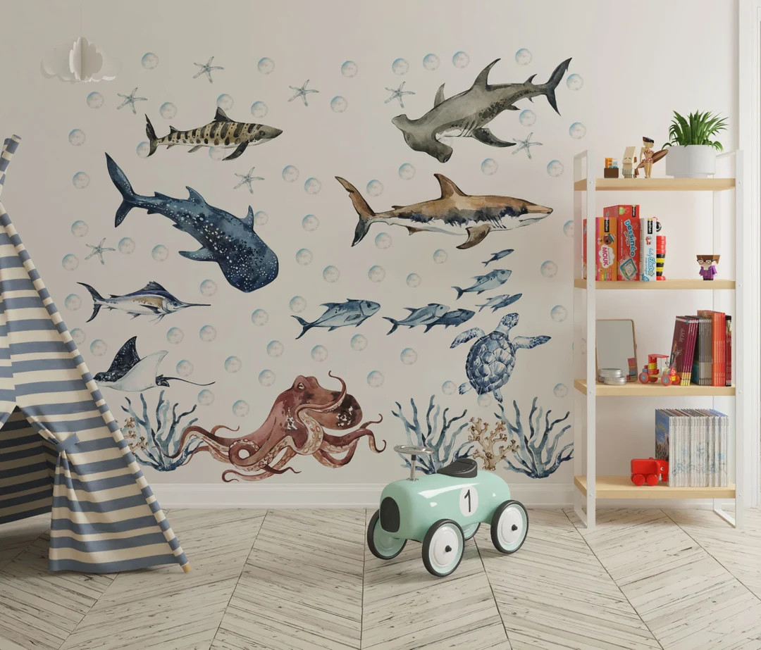 ocean wall decal, shark wall decal, under the sea wall decal, wall decals nursery ocean, ocean an... | Etsy (US)
