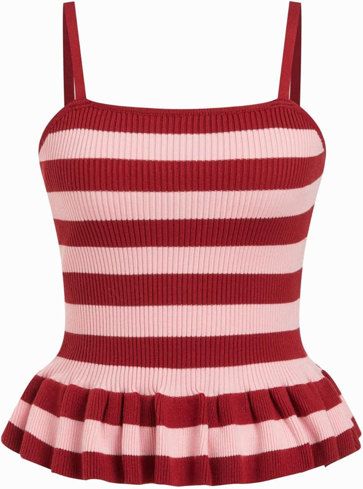 CIDER Striped Crop Tank Tops for Women Sleeveless Square Neck Ruffle Knit Peplum Tops Summer Vaca... | Amazon (US)