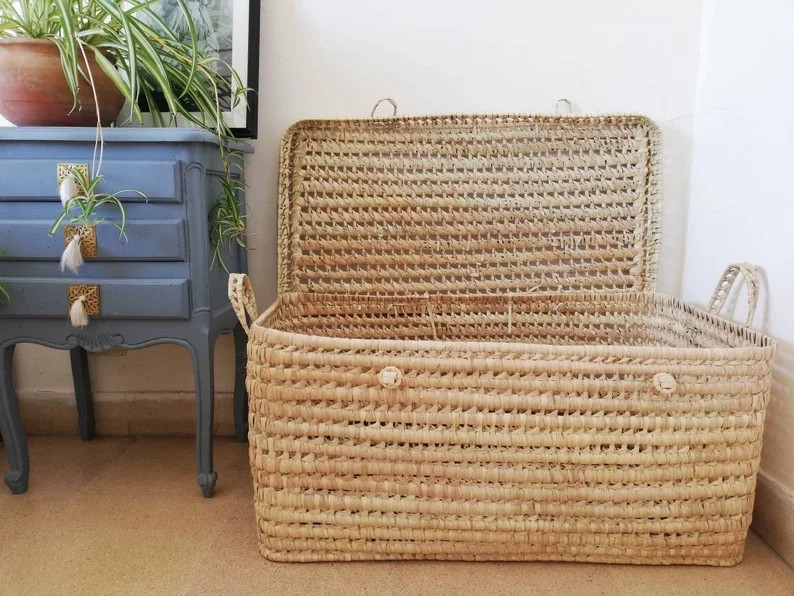 Large wicker storage chest 31 inches - palm leaf storage trunk Lidded toy box | Etsy (US)