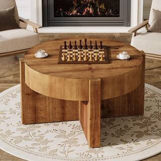 Rustic Brown 31.5 in. Round Solid Wood Coffee Table, Center Table with Thick Tabletop and X-Shaped Legs for Living Room | The Home Depot