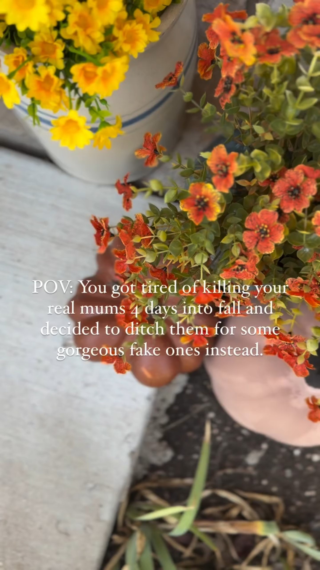 I had to ditch almost all of my faux outdoor plants when we moved here because there is so much real greenery that they looked silly. But these mums? They fit 👏 right 👏 in👏!!!! 

I literally pause to admire them every single time I come home and honestly, isn’t that the vibe we all want for our front porch?!

Linked them on my Amazon storefront or you can comment LINK and I’ll send them your way. 🫶🏻