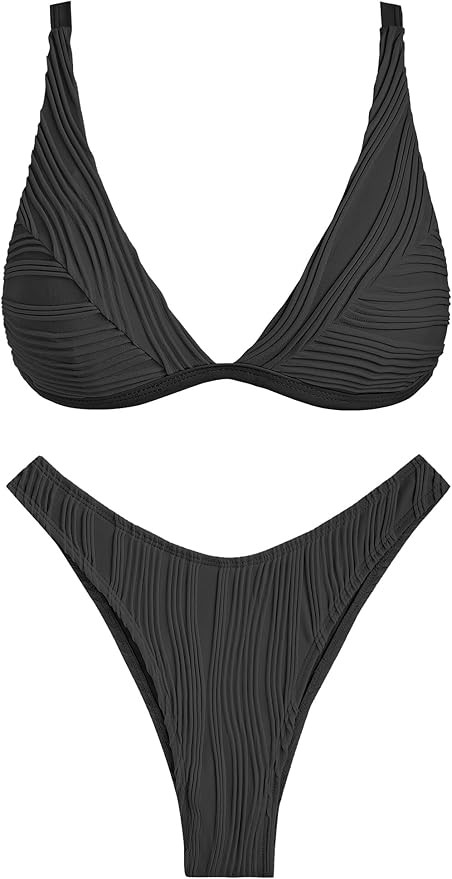 ZAFUL Bikini Sets for Women Triangle Textured Plunging High Cut Cheeky Bikini Swimsuits Two Piece... | Amazon (US)