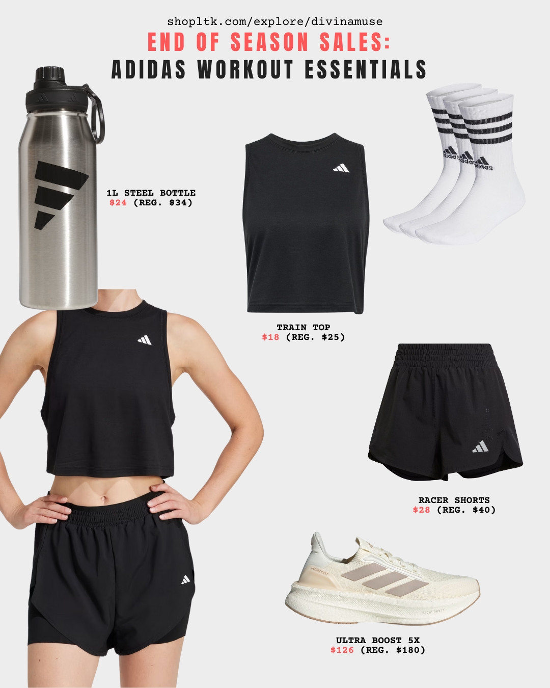 adidas workout essentials for end of season sale picks. steel waterbottle to keep clean and cool, training tank top that has room and flow to cover but also disperse heat, high crew socks to grip and not slide down the feet, racer shorts that are roomy and cooling so it doesn't ride up or bunch, and ultra boost 5x for the comfiest support for your feet so you can focus longer and harder on your workouts. the best shoes for running and weightlifting. so cushiony.  

 #LTKActive #LTKSaleAlert #LTKFindsUnder50
