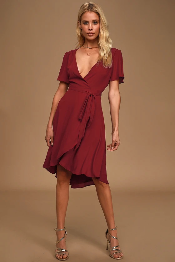 Burgundy Midi Wrap Dress | christmas outfit women womens christmas outfit christmas dress | Lulus (US)