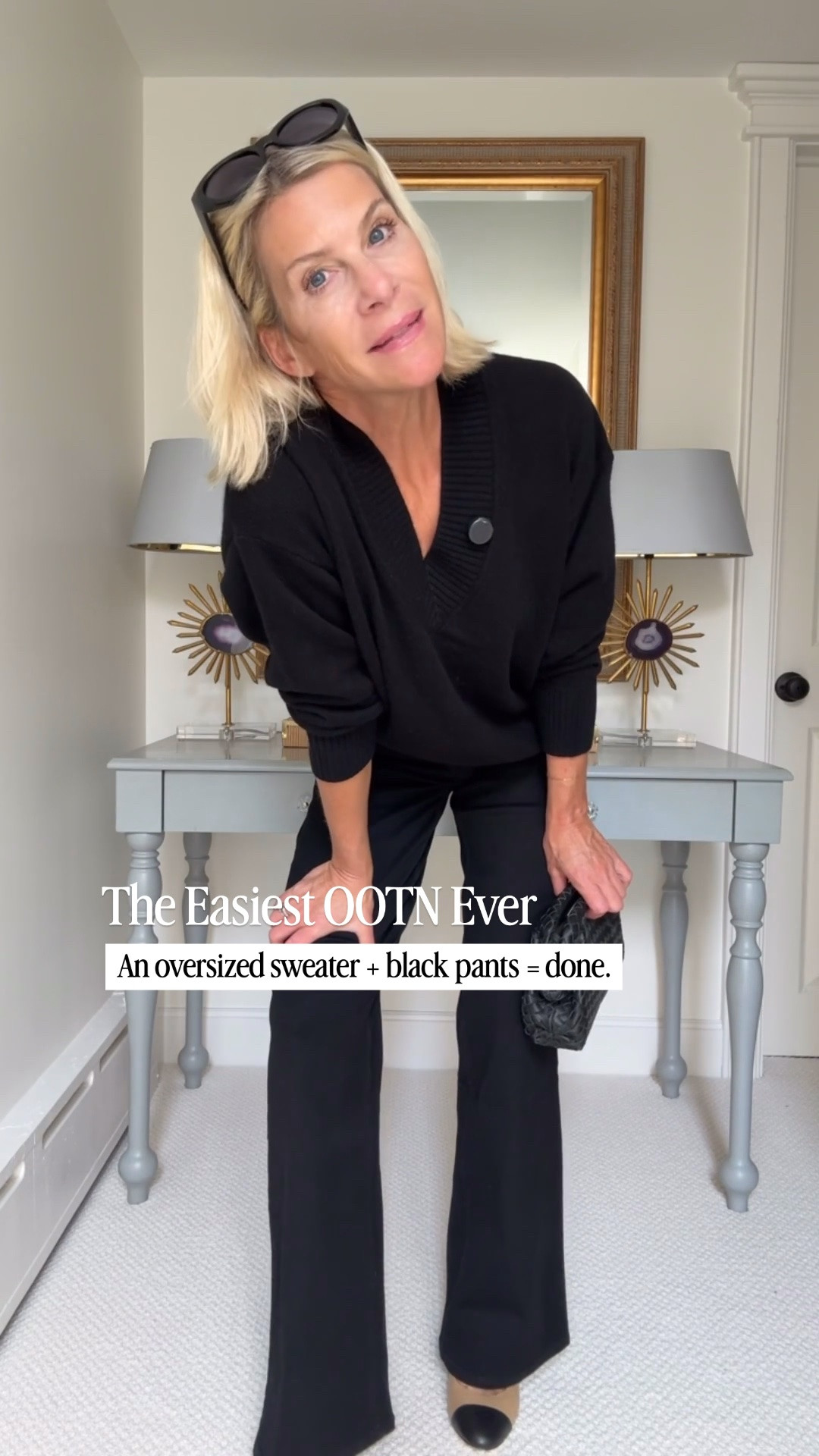 Guys, it doesn’t get any easier than this for an OOTN! Throw on an oversized V-neck sweater, wear it loose or give it a little tuck, add black, and you’re done. Easy, comfortable, and pulled together.

👩‍💻 LTK PRO TIPS
❤️ Heart = Support my posts ;-)
🔖 Save = Get sale & restock alerts for the things you love!
📋 Lists = Keep favorites organized (List ideas: Christmas, Birthdays, and Vacations!)
📲 Share = Send lists and products to a friend (or your daughters like me).
💬 Comment = Ask me anything, and I’ll answer. ;-)

#LTKootd #LTKSeasonal #LTKOver40