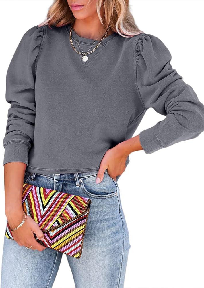 Dokotoo Womens Casual Cropped Sweatshirts Puff Sleeve Crop Pullover Crewneck Cute Tops | Amazon (US)