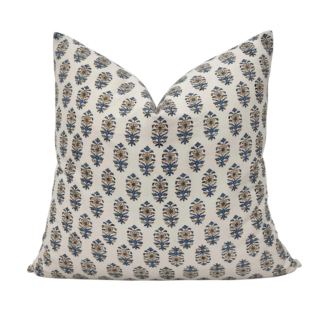 Designer Indian Flower Buti Pillow Cover in Blue & White DOUBLE SIDED // Designer Pillow // High ... | Etsy (US)