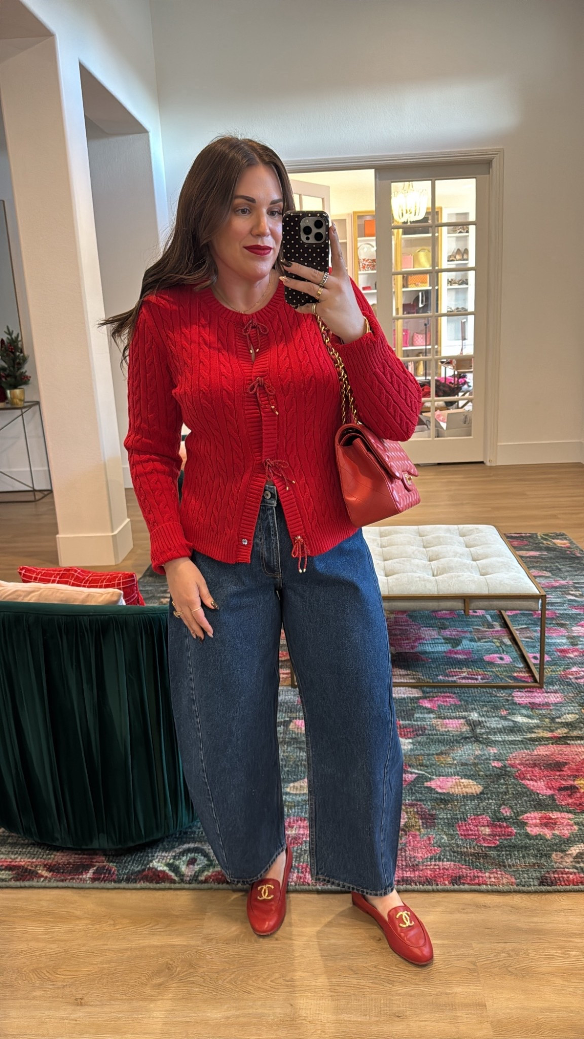 midsize curvy casual holiday outfit! wearing size xl in cable knit bow red sweater and size 31 in barrel denim. both on sale!! 

#LTKCyberWeek #LTKMidsize #LTKHoliday
