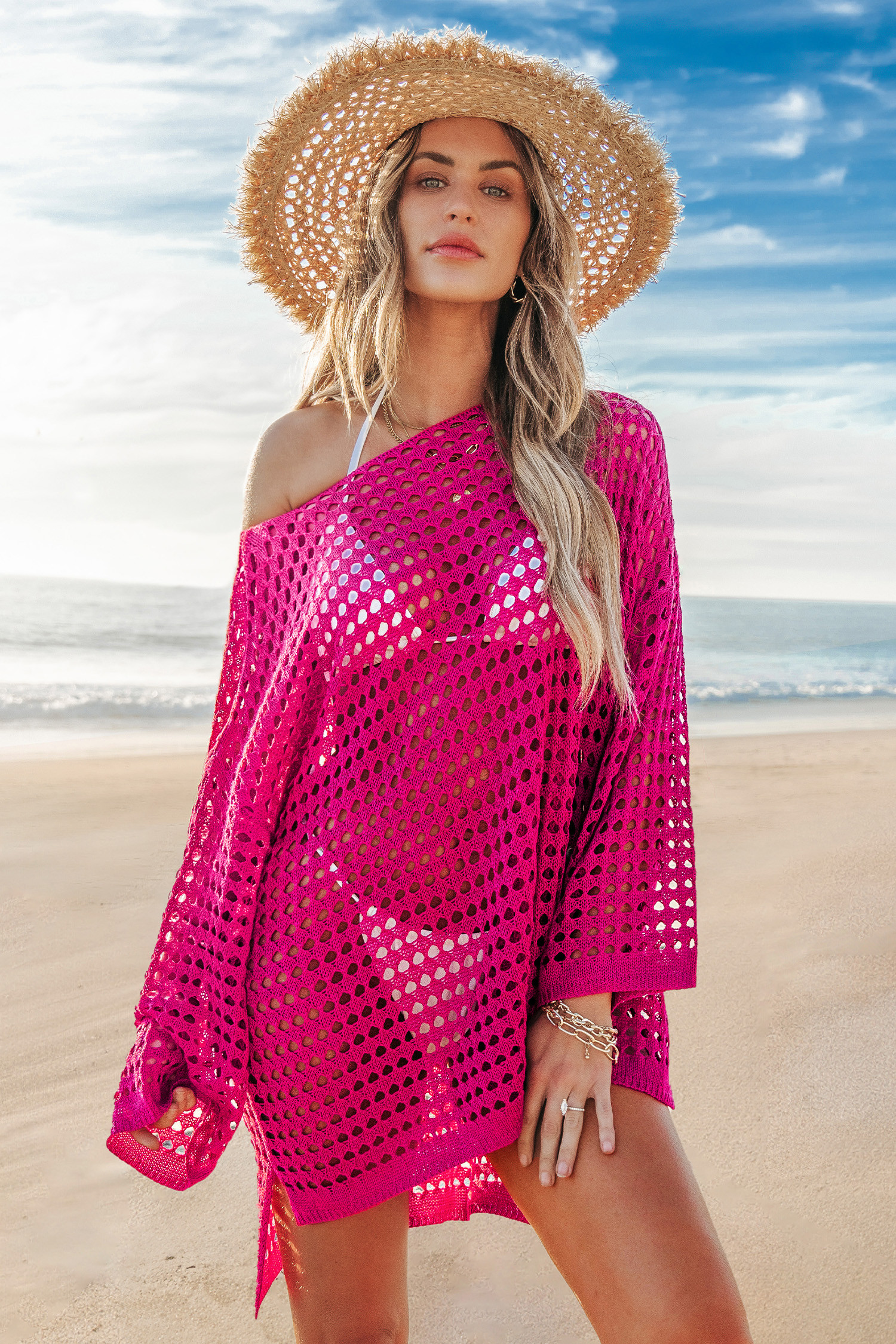 Fuchsia Long Sleeve Cover-Up Top | Cupshe US