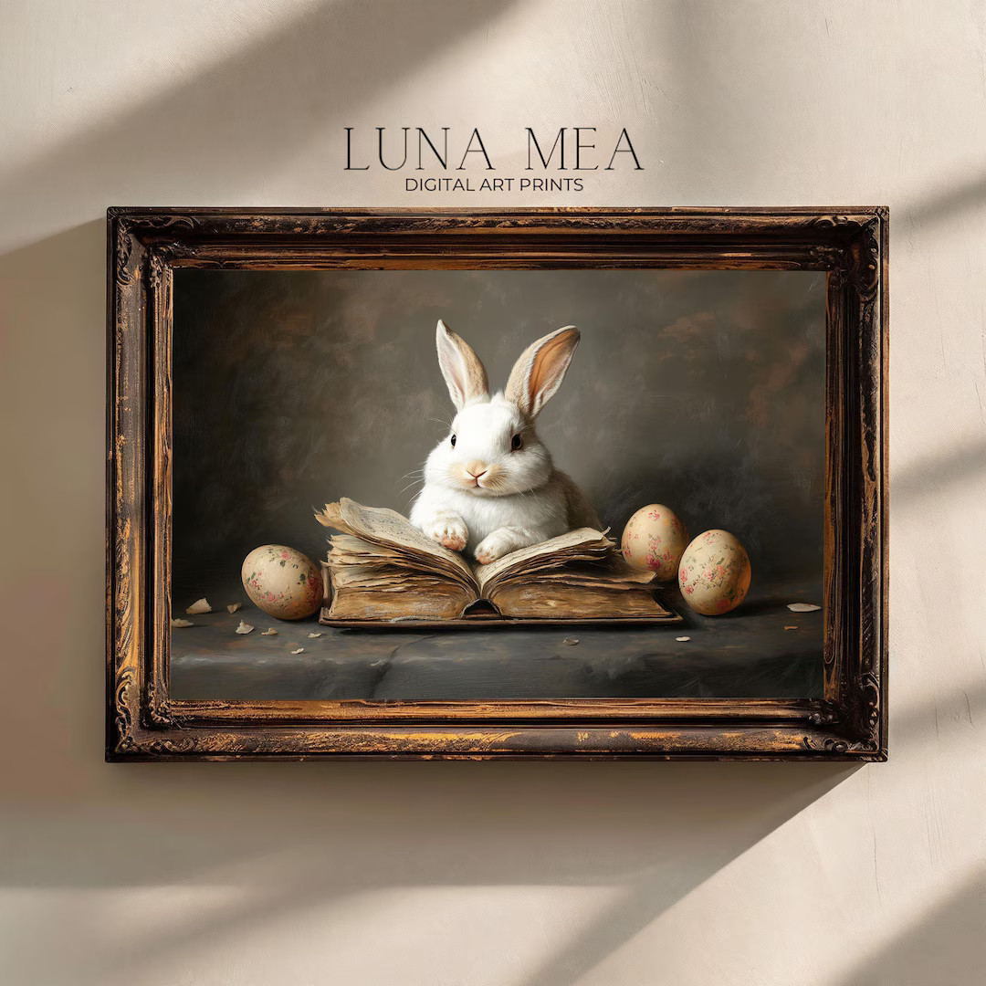 Easter Bunny Reading Antique Book Easter Eggs Print Vintage Rabbit Art Print Neutral Spring Wall ... | Etsy (US)