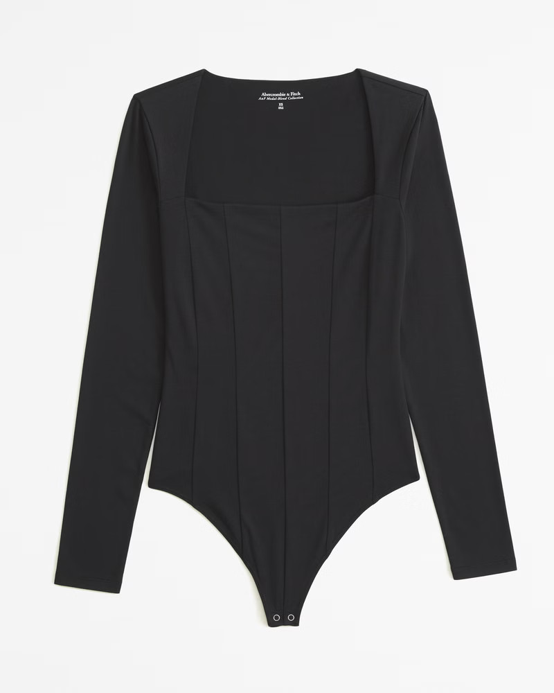 Abercrombie & Fitch Women's Long-Sleeve Cotton-Modal Squareneck Corset Bodysuit in Black - Size XXS | Abercrombie & Fitch (US)