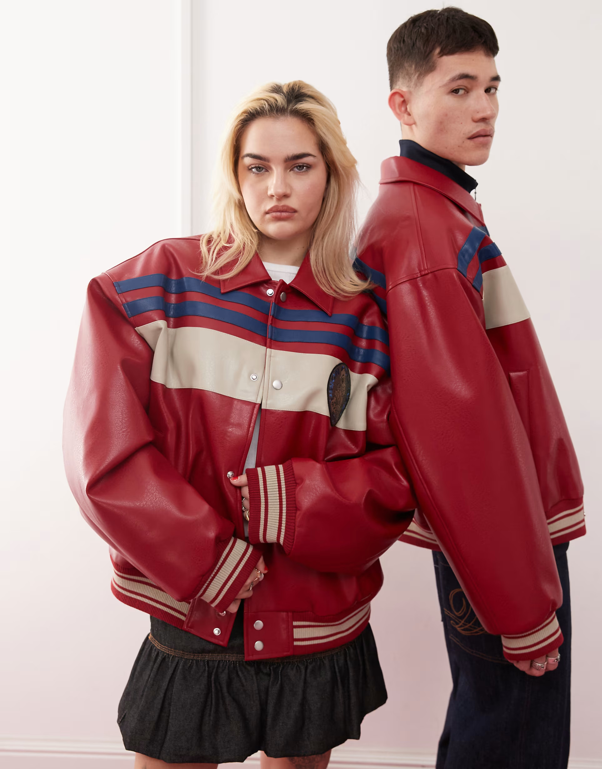COLLUSION Unisex oversized spliced PU bomber jacket in red | ASOS (Global)