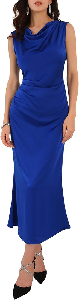Women's Satin Dress Cocktail Cowl Neck Ruched Sleeveless Maxi Evening Dress | Amazon (US)