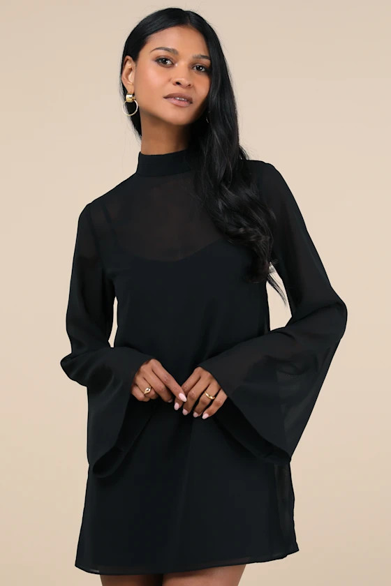 Perfected Charm Black Bell Sleeve Mini Shift Dress | Lulus