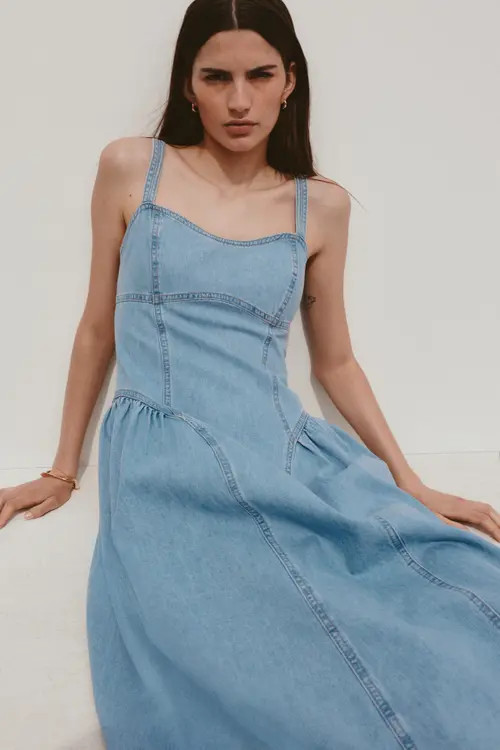 H&M Flared-skirt Denim Dress in Light Denim Blue at Nordstrom, Size Small | Nordstrom