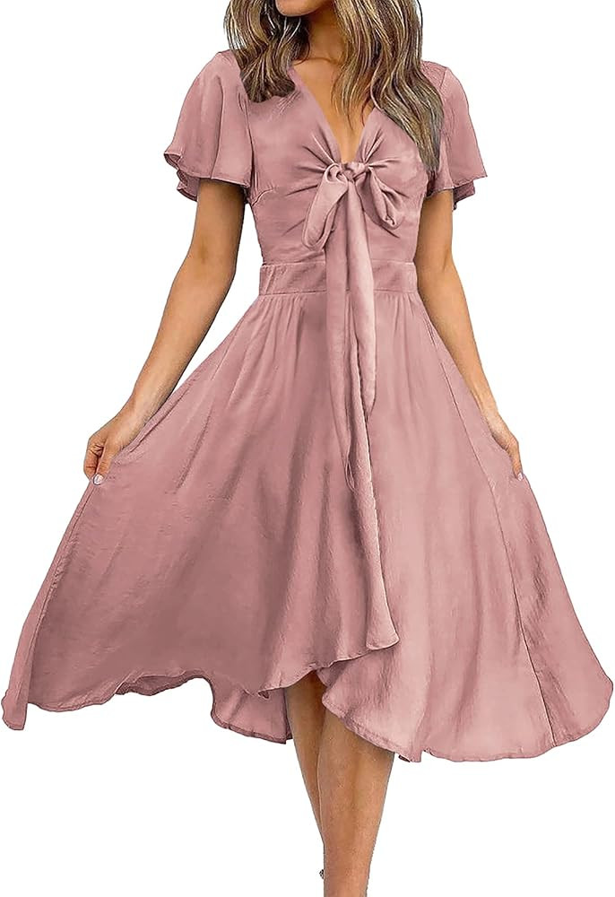 BTFBM Women's Satin Deep V Neck Summer Dresses Short Sleeve Tie Front High Waist Flowy Ruffle A-L... | Amazon (US)