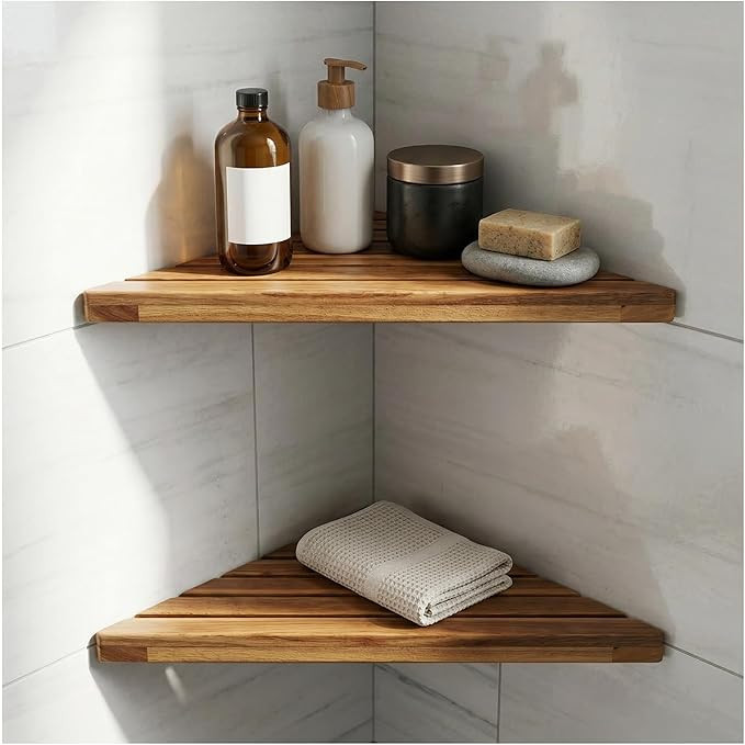 Wooden Corner Shower Shelf Triangular Corner Shelf Wooden Bathroom Shelf for Tiled Wall, 2 Pack S... | Amazon (US)