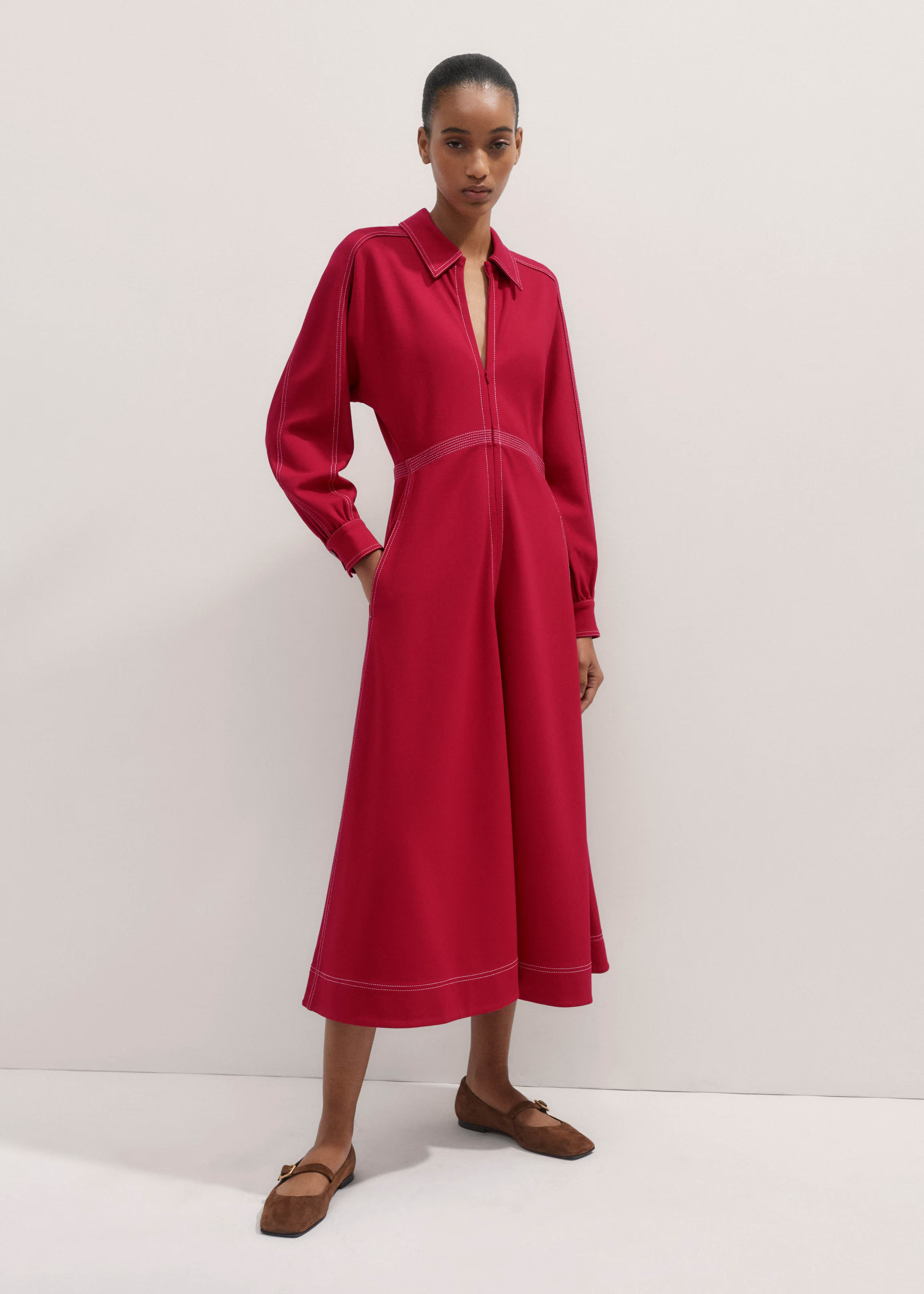Women's Pink Travel Tailoring Contrast Stitch Midi Dress | ME+EM | ME+EM US