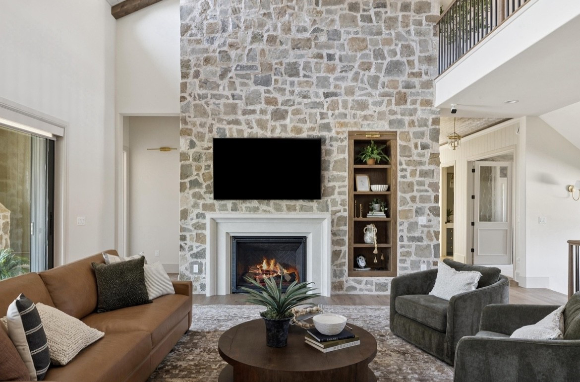 The coziest most inviting great
Room 🤍 I love all the warm tones in this space. Definitely feels like a cozy cottage. 🔗 to rug & furniture 

Coffee & End Tables from RH (can’t link them) message me if you want the direct link to those. 
*Chair in rustic chenille dark moss
*Leather sofa in churchfield leather camel
*Fabric sofa performance midland tweed graphite   

#LTKHome #LTKSaleAlert #LTKFindsUnder100