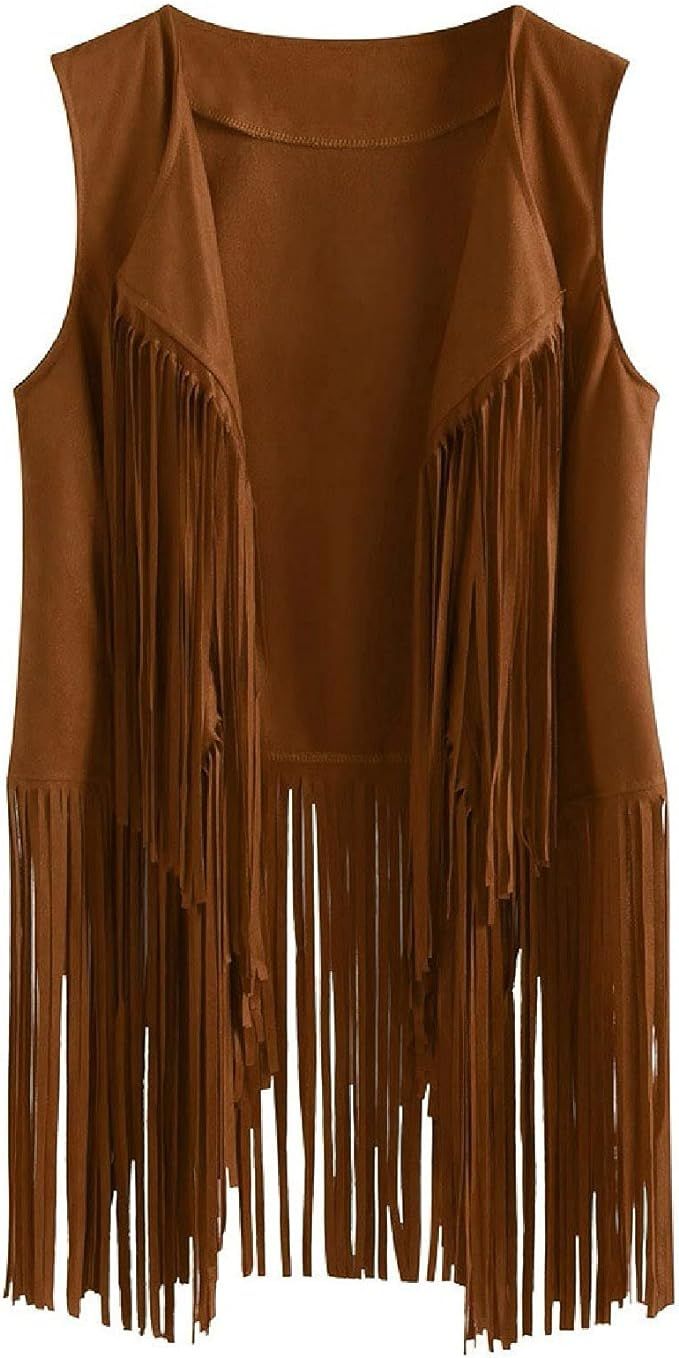 Womens Vintage Western Fringe Vest Tops Classic Suede Leather 70s Cowboy Shirt Sleeveless Tassels... | Amazon (US)