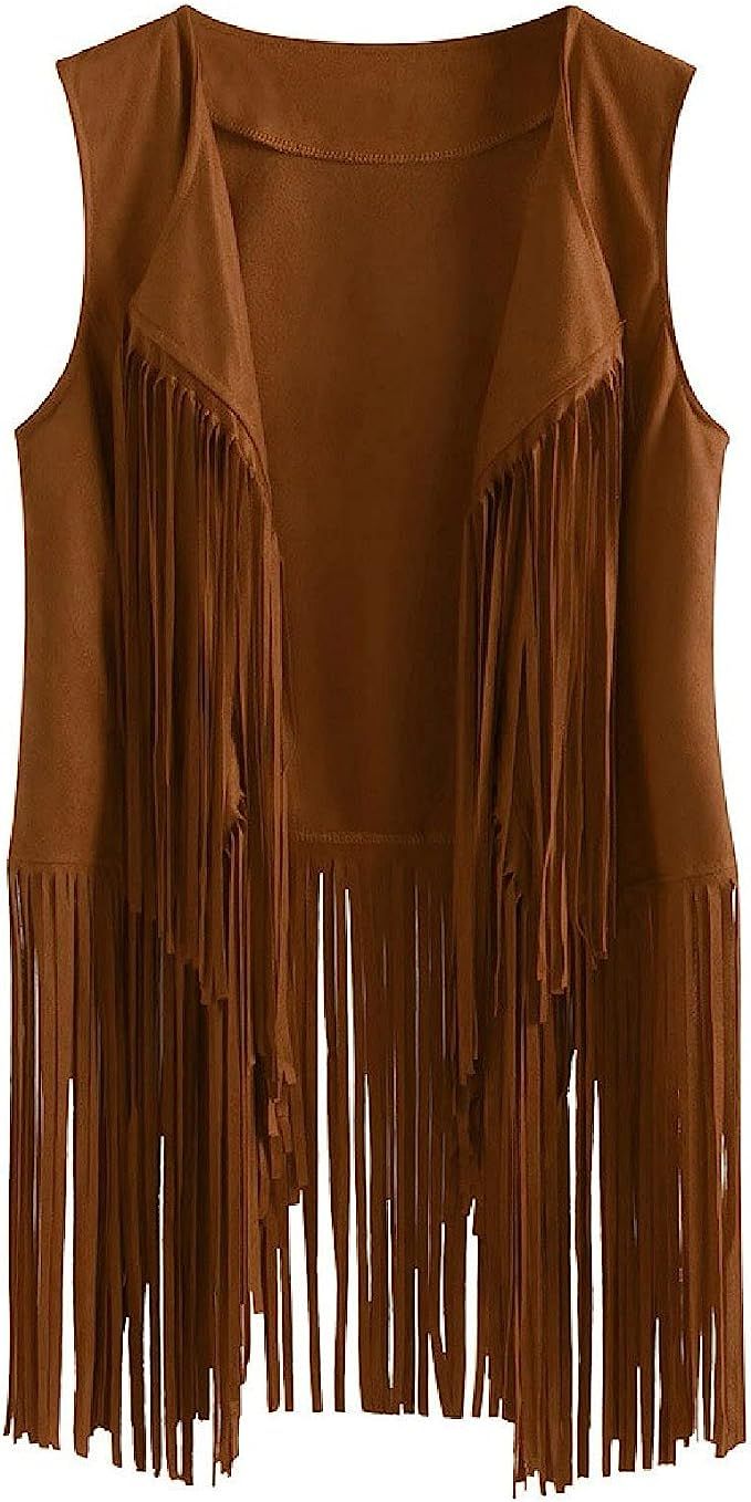 Womens Vintage Western Fringe Vest Tops Classic Suede Leather 70s Cowboy Shirt Sleeveless Tassels... | Amazon (US)