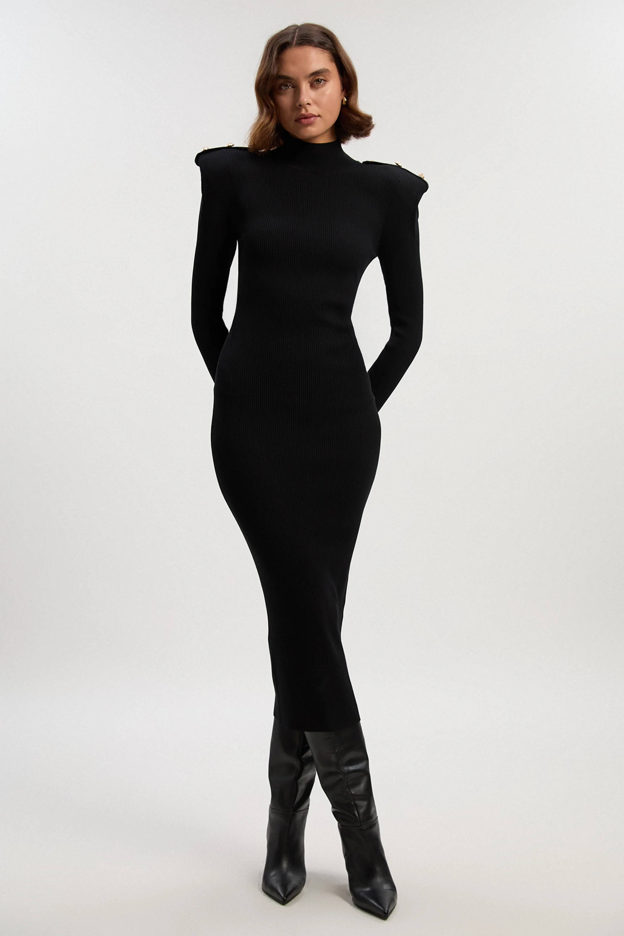 Viscose Blend Rib Knit Power Shoulder Long Sleeve Military Trim Maxi Dress | Karen Millen US