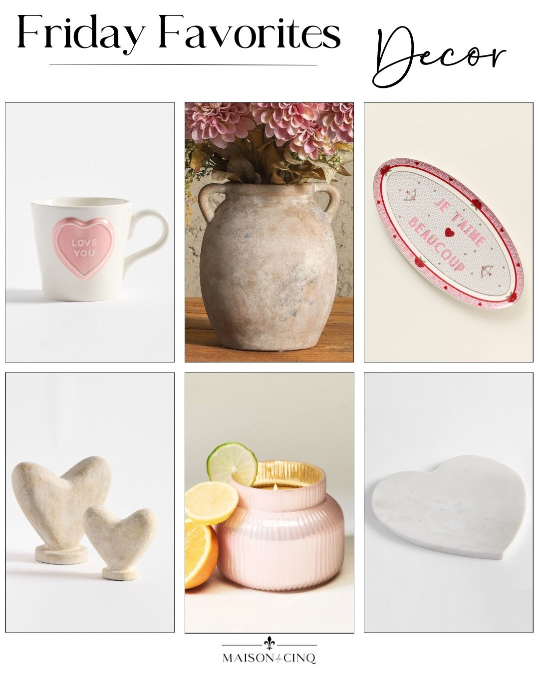 THE cutest Valentine’s Day decor this week on Friday Favorites including an adorable mug, the yummiest candle, and more!

Home decor, rustic vase, tabletop, marble tray 

#LTKHome #LTKValentine