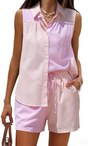 EXLURA Women's Summer 2 Piece Outfits Cotton Sleeveless Button Down Shirts Matching Shorts Sets C... | Amazon (US)