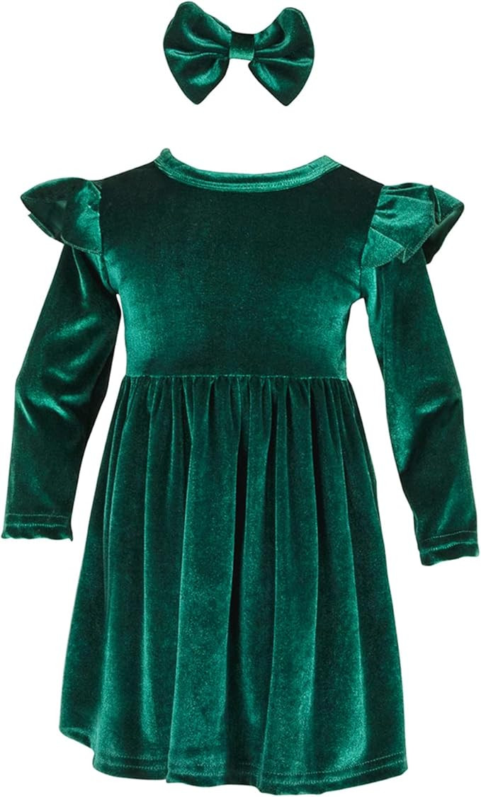 Baby Girls Velvet Maxi Dress Knee Lenght Long Sleeve Solid Toddler Ruffle Dress for Christmas Par... | Amazon (US)