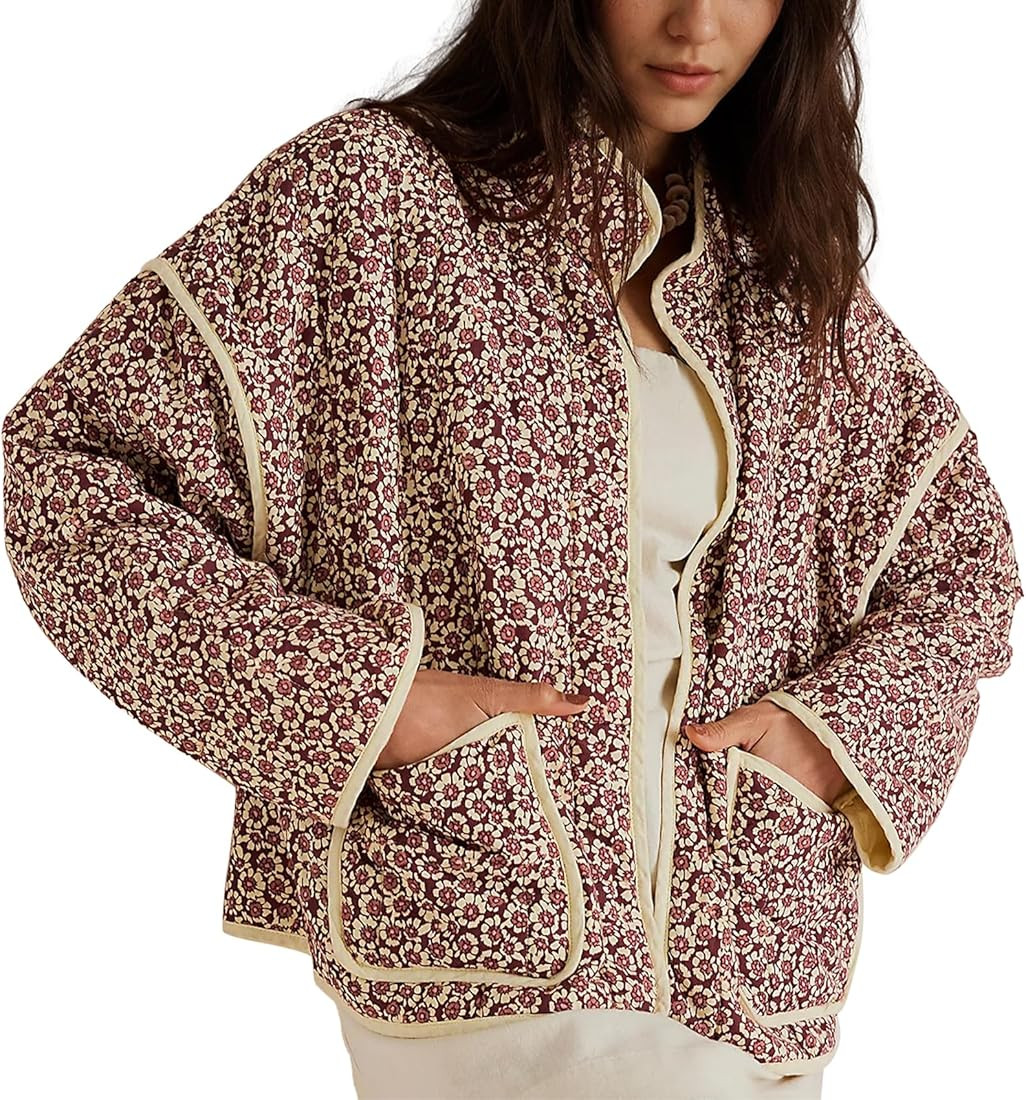 Duyang Women's Cropped Puffer Jacket Lightweight Floral Printed Open Front Quilted Coat Winter Wa... | Amazon (US)