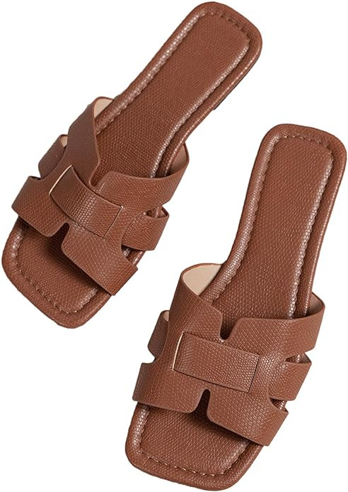 GORGLITTER Women's Crocodile Embossed Flat Sandals Cross Strappy Open Toe Slide Sandals | Amazon (US)