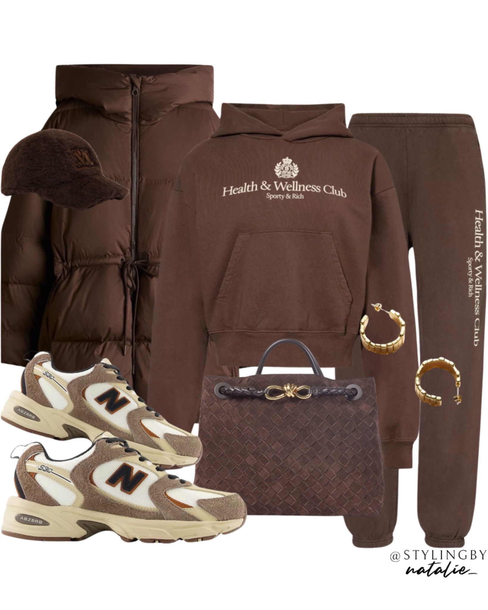 Comfy casual winter outfit - 
Brown hooded puffer coat, Sporty & Rich hoodie & joggers set, New Balance 530 trainers, Bottega suede tote bag, Max Mara teddy cap & gold earrings.

#LTKuk #LTKstyletip #LTKwinter