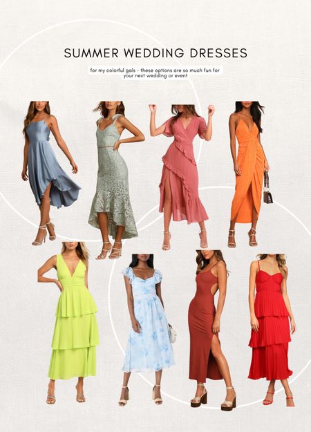 Colorful summer wedding guest dresses from lulus under $100. Love these bright fun colors! 

#LTKFind #LTKwedding #LTKSeasonal