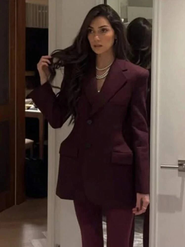 Vintage Burgundy Lapel Single Breasted Blazer Suit Women Waist Slim Long Sleeves Pocket Jackets 2... | SHEIN