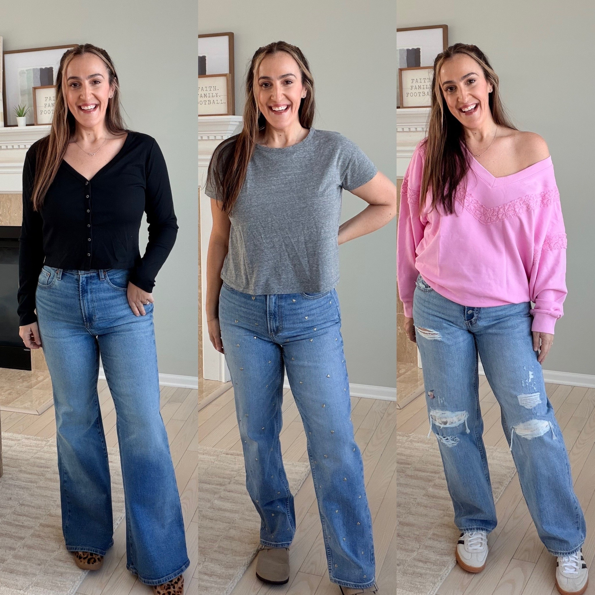 3 different jeans styles! And all new tops from Target! 

Left flares run on the smaller side, size up if in between. I’m in an 8. 
Middle straight leg run tts. I’m in an 8.
Right baggy run roomy, size down if in between, I’m in a 6 which is more rigid, I ordered an 8 in the non embroidered and will see which I prefer but I do like the way these fit and hold the belly.

Alll th tops are a medium. 

#LTKootd #LTKOver40 #LTKmomlife