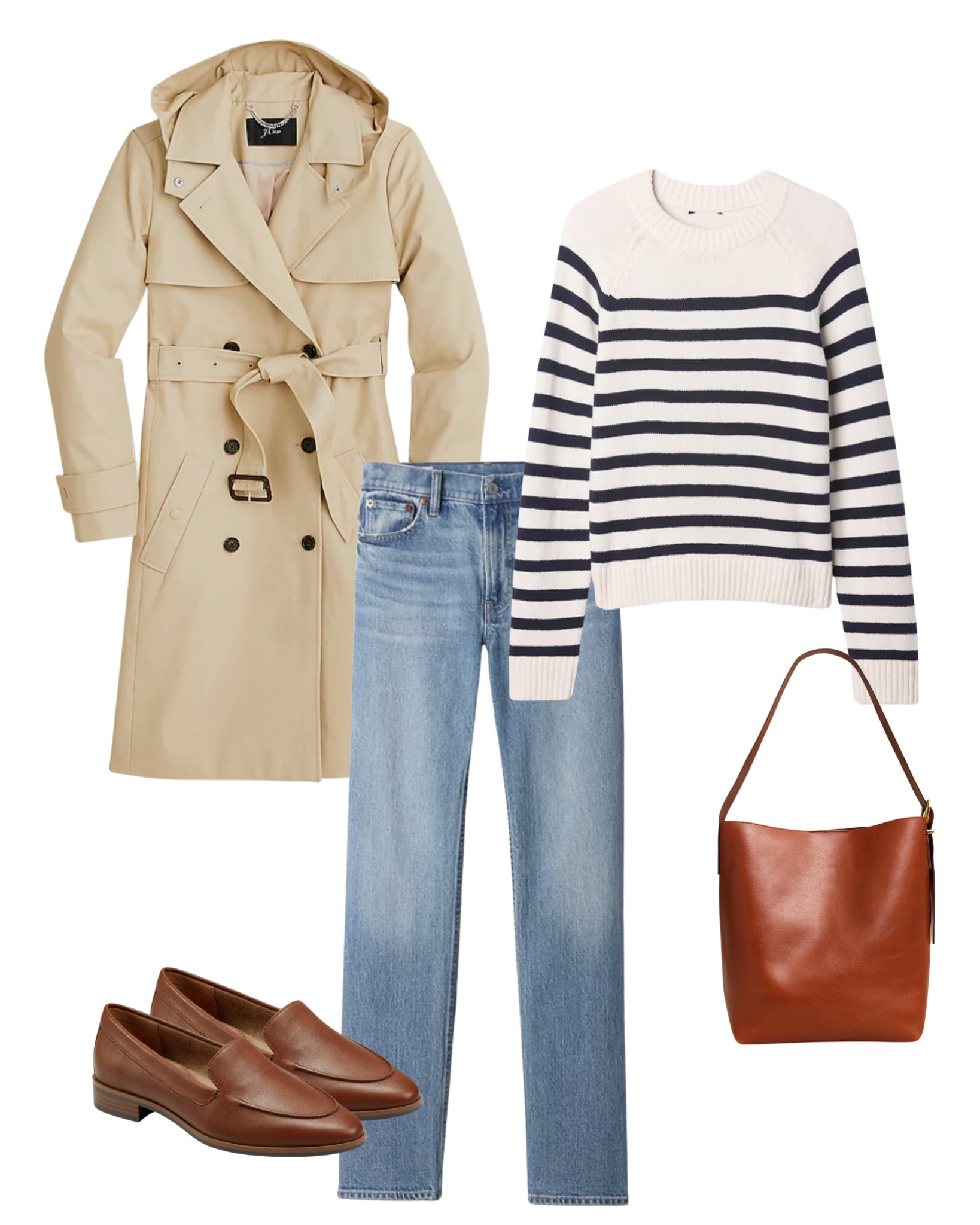6 ways to wear a trench coat ✔️

Stripe sweater
Blue straight jeans
Brown cognac loafers
Bucket bag tote