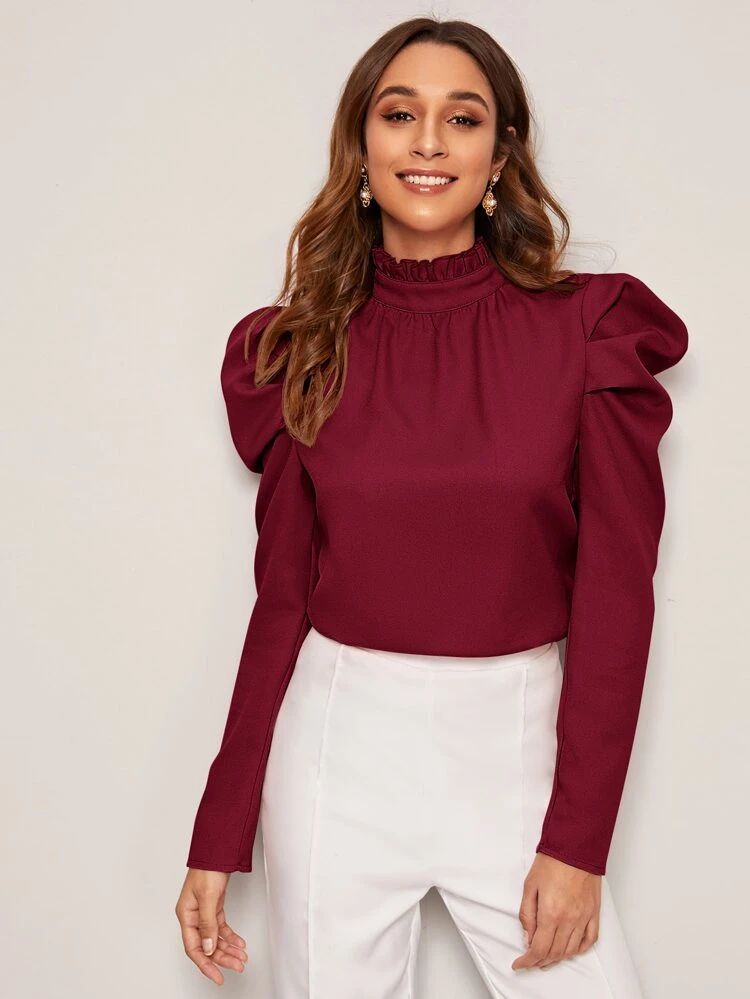 SHEIN Frilled Neck Gigot Sleeve Top | SHEIN