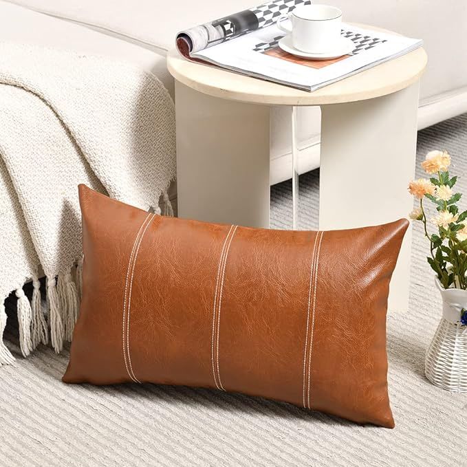 Fancy Homi Brown Boho Long Lumbar Faux Leather Decorative Throw Pillow Covers 14x24 Inch for Livi... | Amazon (US)