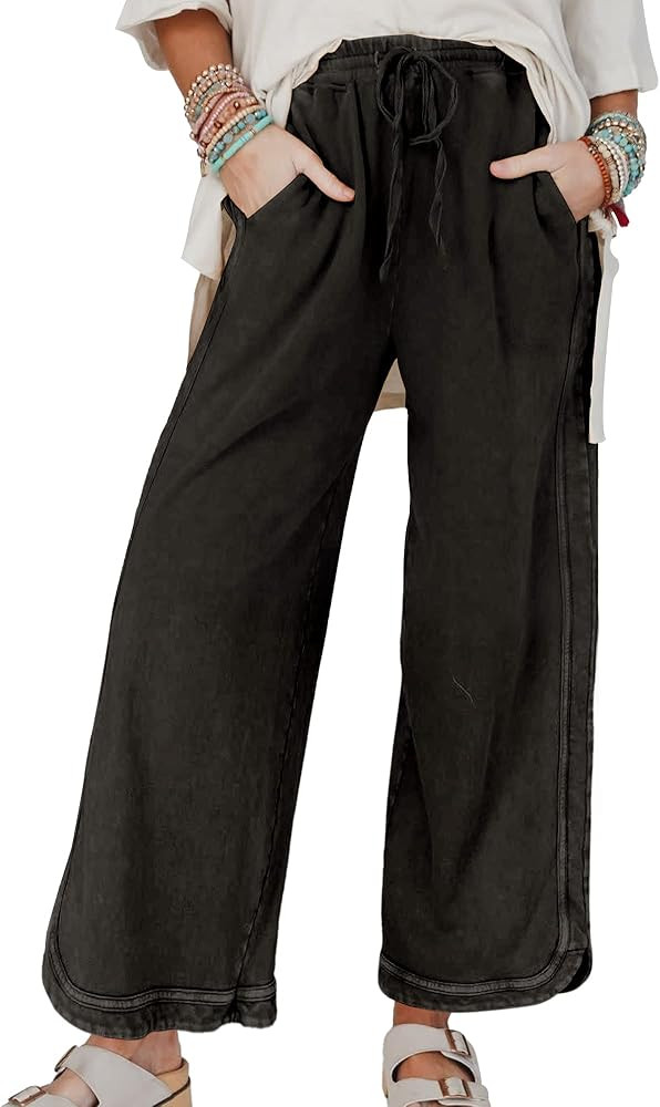 Hixiaohe Women's Casual Wide Leg Sweatpants High Waist Baggy Acid Wash Pants Drawstring Athletic ... | Amazon (US)
