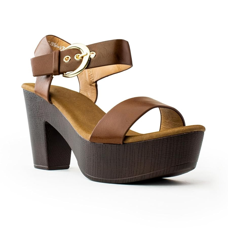 RF ROOM OF FASHION Women's Peep Toe Criss Cross Band Ankle Strap Platform Chunky Heel Mule Sandal... | Amazon (US)