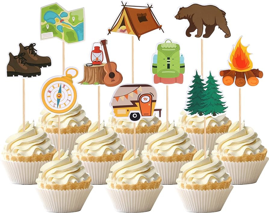 30 PCS Camper Themed Cupcake Toppers Tree Bear Tent Bonfire Guitar Cupcake Picks Happy Camping Ca... | Amazon (US)