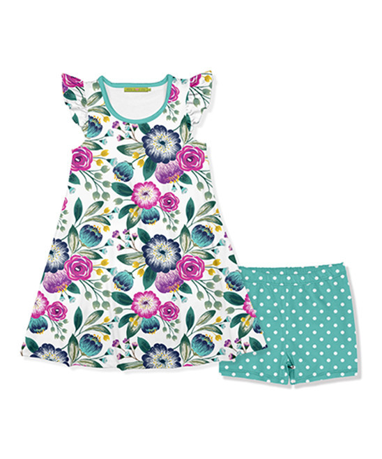 Millie Loves Lily Girls' Casual Dresses - White & Turquoise Floral Angel-Sleeve Dress & Dot Shorts - | Zulily
