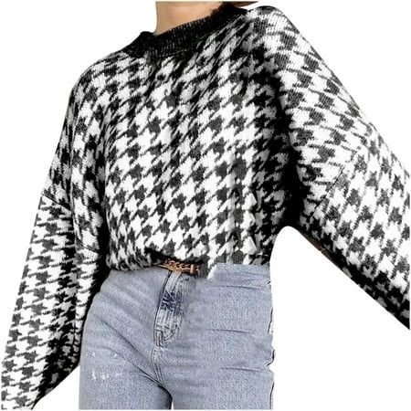 Zodggu Mock Neck Vintage Geometric Houndstooth Print Knit Retro Pullover Short Sweaters for Women Lo | Walmart (US)